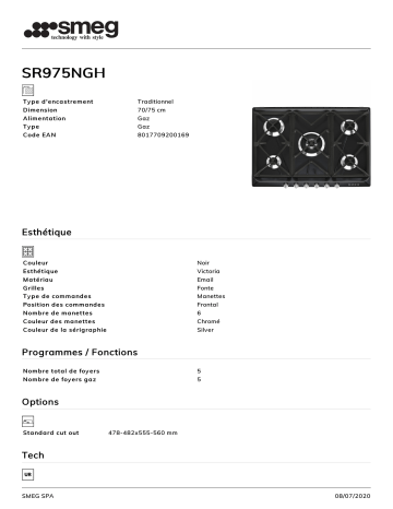 Product information | Smeg SR975NGH Table cuisson gaz Product fiche | Fixfr