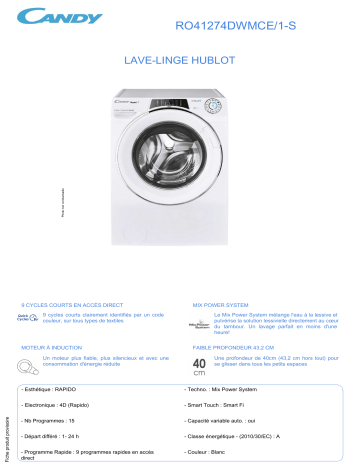 Product information | Candy RO41274DWMCE/1-S Lave linge hublot Product fiche | Fixfr