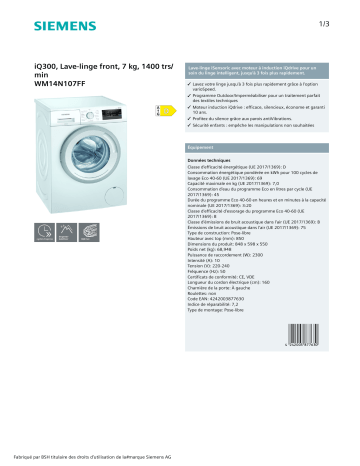 Product information | Siemens WM14N107FF Lave linge hublot Product fiche | Fixfr