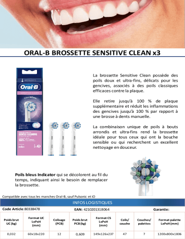 Product information | Oral-B Sensitive Clean x3 Clean and Care Brossette dentaire Product fiche | Fixfr
