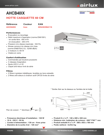 Product information | Airlux AHCB40IX Hotte casquette Product fiche | Fixfr