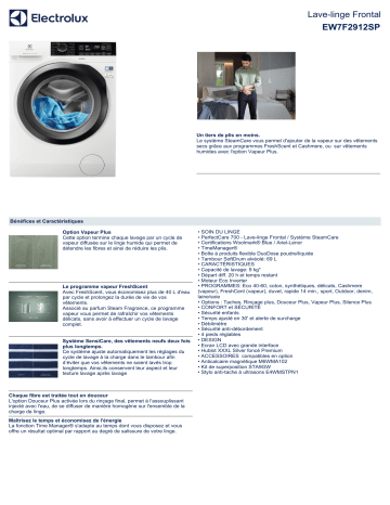 Product information | Electrolux EW7F2912SP PerfectCare Lave linge hublot Product fiche | Fixfr