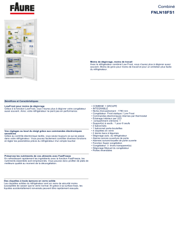 Product information | Faure FNLN18FS1 Réfrigérateur 2 portes encastrable Product fiche | Fixfr