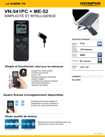 Product information | Olympus VN-541PC + Microphone ME-52 Dictaphone Product fiche | Fixfr