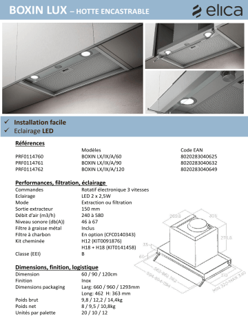 BOXIN LX/IX/A/120 | Product information | Elica BOXIN LX/IX/A/90 Groupe filtrant Product fiche | Fixfr