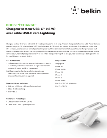 Product information | Belkin 18W + cable USB-C/Lightning 1.2m blanc Chargeur secteur Product fiche | Fixfr