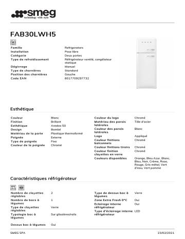 Product information | Smeg FAB30LWH5 Réfrigérateur combiné Product fiche | Fixfr