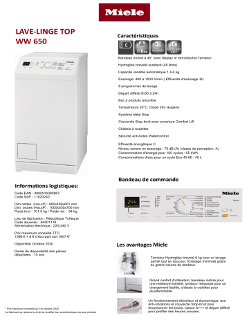 Product information | Miele WW 650 Lave linge top Product fiche | Fixfr