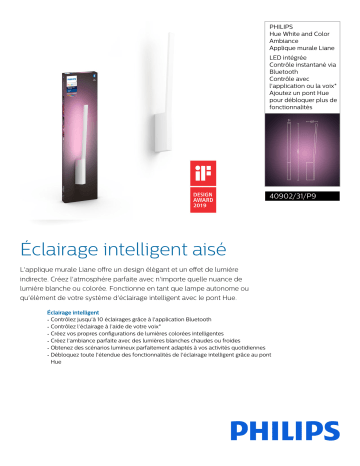 Product information | Philips Hue & Color LIANE Applique 12W - Blan Luminaire Product fiche | Fixfr