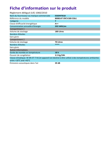 Product information | Essentielb ERCV180-55b1 Réfrigérateur combiné Product fiche | Fixfr