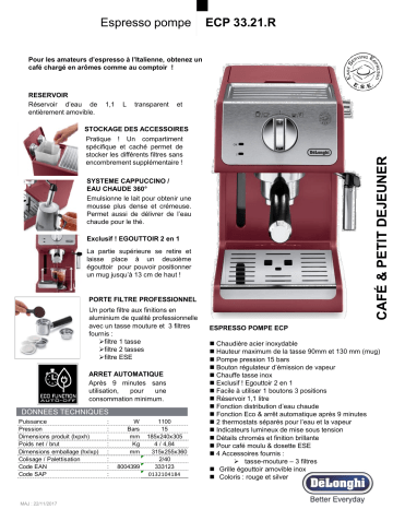 Product information | Delonghi ECP33.21.R Rouge Machine à expresso Product fiche | Fixfr