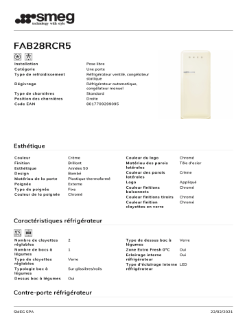 Product information | Smeg FAB28RCR5 Réfrigérateur 1 porte Product fiche | Fixfr