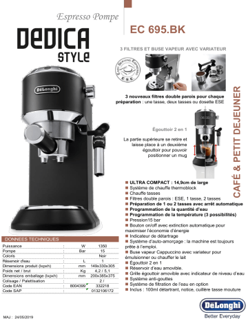 Product information | Delonghi EC695.BK Dedica noir Machine à expresso Product fiche | Fixfr