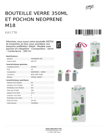 Product information | Totally Addict verre detox 350ml et pochon néoprène Bouteille Product fiche | Fixfr