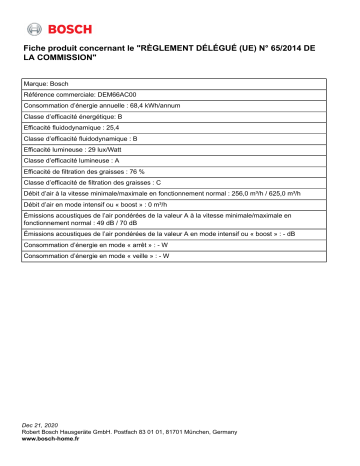 Product information | Bosch DEM66AC00 SERIE 2 Hotte escamotable Product fiche | Fixfr