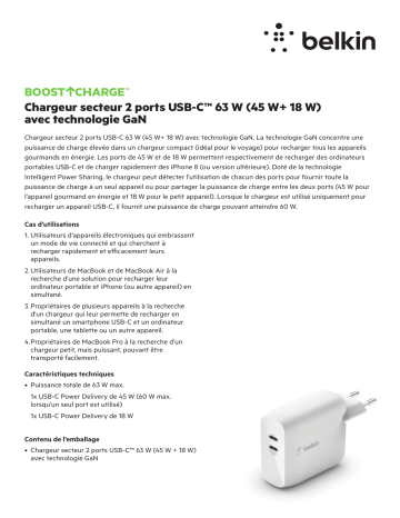 Product information | Belkin 63W 2xUSB-C (45W + 18W) blanc Chargeur secteur Product fiche | Fixfr