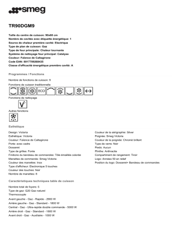 Product information | Smeg TR90DGM9 Dolce Gabbana Piano de cuisson gaz Product fiche | Fixfr