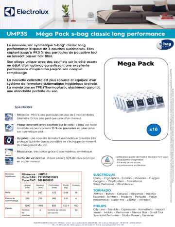 Product information | Electrolux UMP3S Classic Long Performance Sac aspirateur Product fiche | Fixfr