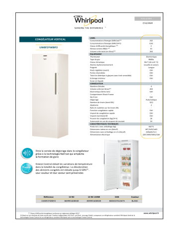 Product information | Whirlpool UW8F2YWBIF2 Congélateur armoire Product fiche | Fixfr