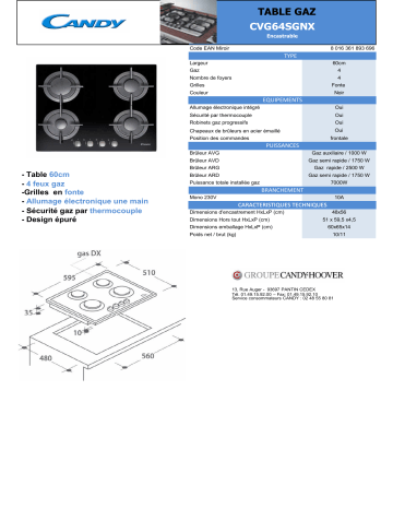 Product information | Candy CVG64SGNX Table gaz Product fiche | Fixfr