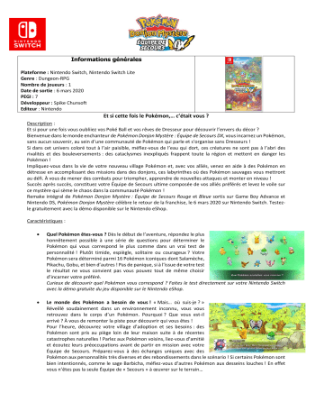 Product information | Nintendo Pokemon Donjon Mystère Equipe de Secours Jeu S Product fiche | Fixfr