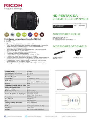 Product information | Pentax HD DA 55-300mm f/4.5-6.3 ED PLM WR RE Objectif pour Reflex Product fiche | Fixfr