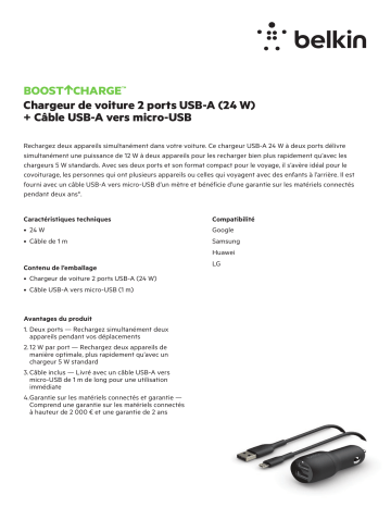 Product information | Belkin 24W 2xUSB-A/Micro-USB 1m noir Chargeur allume-cigare Product fiche | Fixfr