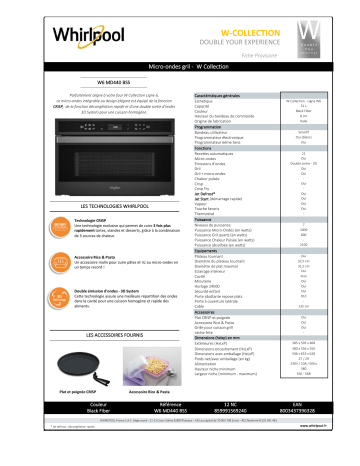 Product information | Whirlpool W6MD440BSS W COLLECTION Micro ondes encastrable Product fiche | Fixfr