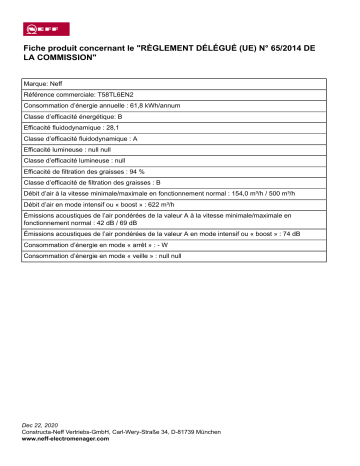 Product information | Neff T58TL6EN2 Table induction aspirante Product fiche | Fixfr