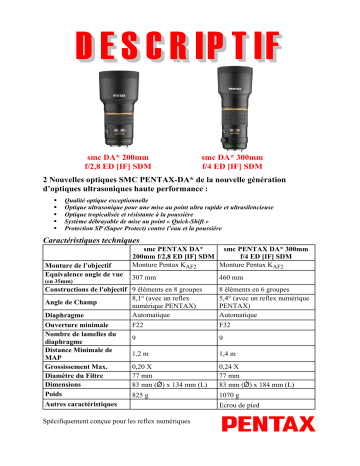 Product information | Pentax SMC DA 300mm f/4 ED IF SDM Objectif pour Reflex Product fiche | Fixfr