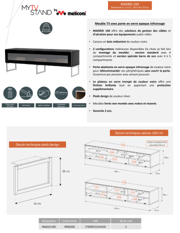 Product information | Meliconi Madrid 160 cm noir Meuble TV Product fiche | Fixfr