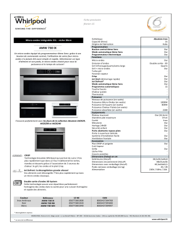 AMW730IX | AMW730WH | Product information | Whirlpool AMW730NB Micro ondes encastrable Product fiche | Fixfr