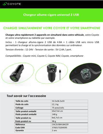 Product information | Coyote 2 USB + Câble droit Chargeur allume-cigare Product fiche | Fixfr