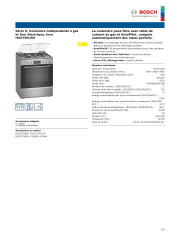 Product information | Bosch HXS79RJ50 SERIE 6 Cuisinière mixte Product fiche | Fixfr