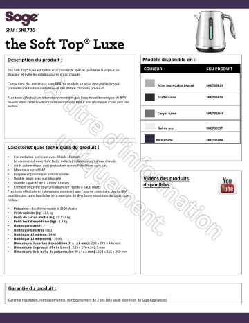 Product information | Sage Appliances Soft Top SKE735BSS4EEU1 Bouilloire Product fiche | Fixfr