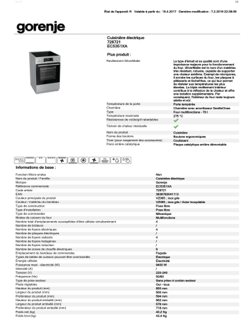 Product information | Gorenje EC5351XA Cuisinière vitrocéramique Manuel utilisateur | Fixfr