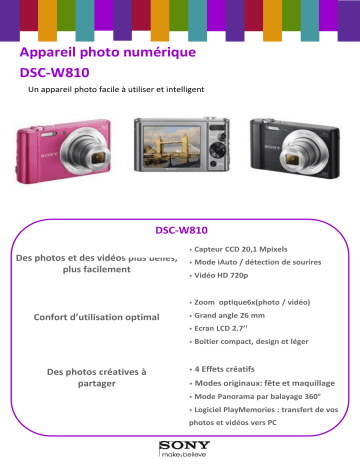 Product information | Sony DSC-W810 Noir Appareil photo Compact Product fiche | Fixfr