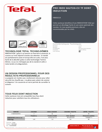 Product information | Tefal Pro Inox diam 24 cm induction H8603214 Sauteuse Product fiche | Fixfr