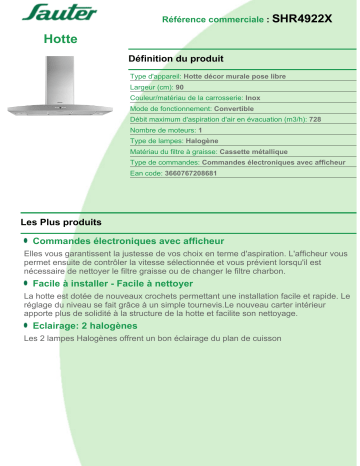 Product information | Sauter SHR4922X Hotte décorative murale Product fiche | Fixfr