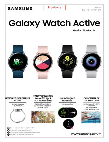 Galaxy Watch Active Noir 40mm | Galaxy Watch Active Rose Gold 40mm | Product information | Samsung Galaxy Watch Active Silver 40mm Montre connectée Product fiche | Fixfr