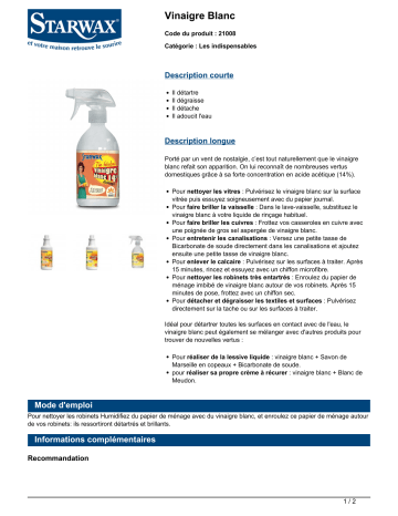Product information | Starwax 1L VINAIGRE BLANC 14° - Citron Fabulous Nettoyant multi usages Product fiche | Fixfr