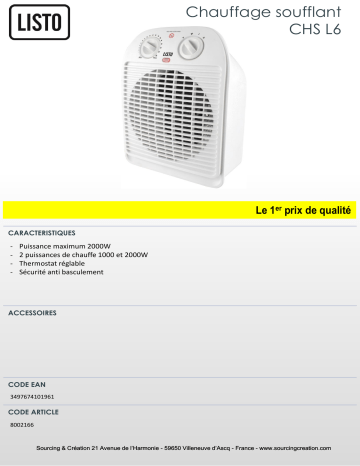 Product information | Listo CHS L6 Chauffage soufflant Product fiche | Fixfr