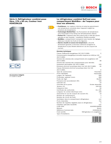 Product information | Bosch KGN33NLEB Réfrigérateur combiné Product fiche | Fixfr