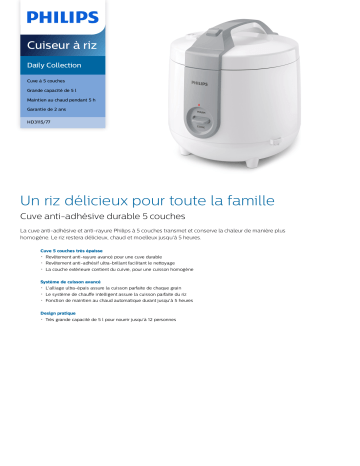 Product information | Philips HD3115 Cuiseur à riz Product fiche | Fixfr