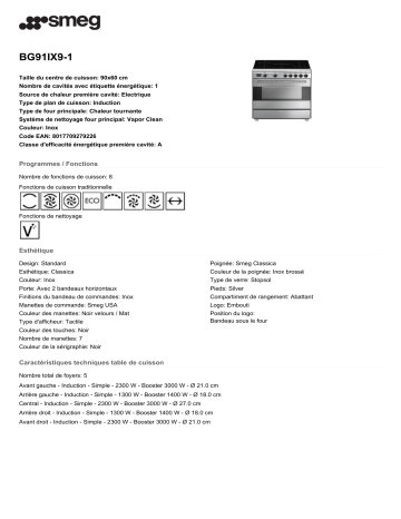 Product information | Smeg BG91IX9-1 Piano de cuisson induction Product fiche | Fixfr