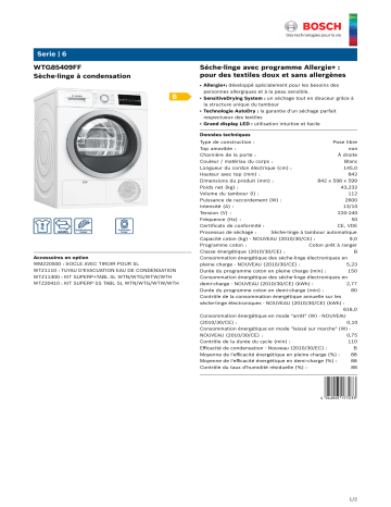 Product information | Bosch WTG85409FF Sèche linge à condensation Product fiche | Fixfr