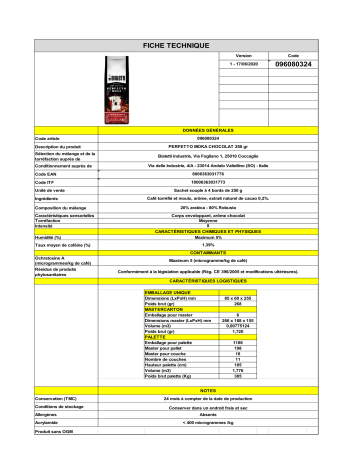 Product information | Bialetti perfetto moka cioccolato Café moulu Product fiche | Fixfr