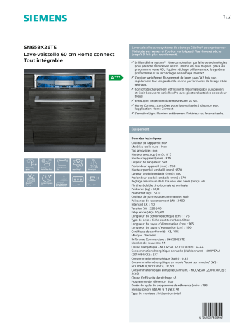 Product information | Siemens SN658X26TE HOME CONNECT Lave vaisselle tout intégrable Product fiche | Fixfr