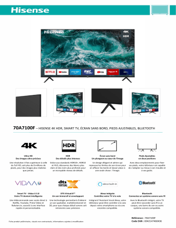 Product information | Hisense 70A7100F TV LED Product fiche | Fixfr