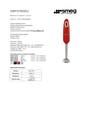 HBF01RDEU Rouge | Product information | Smeg HBF01PBEU Bleu Azur Mixeur Product fiche | Fixfr